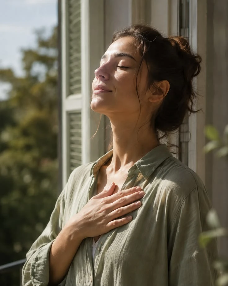 Mulher na janela, de olhos fechados, recebendo a luz do sol